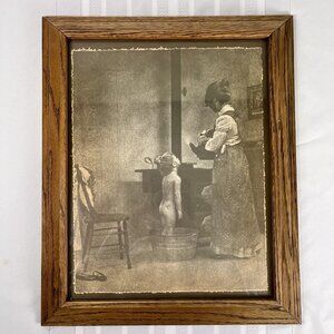 VTG Rolland Hendrickson Oak Wood Framed Art Print Mother Bathing Child Rustic
